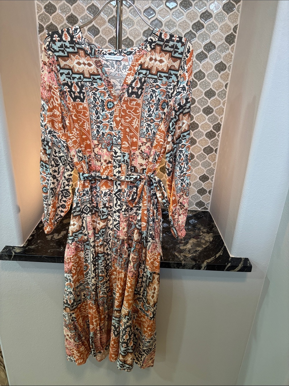 Susan Graver Patchwork Print Long Sleeve Midi Dress in Rust, Black, Cream & Blue
